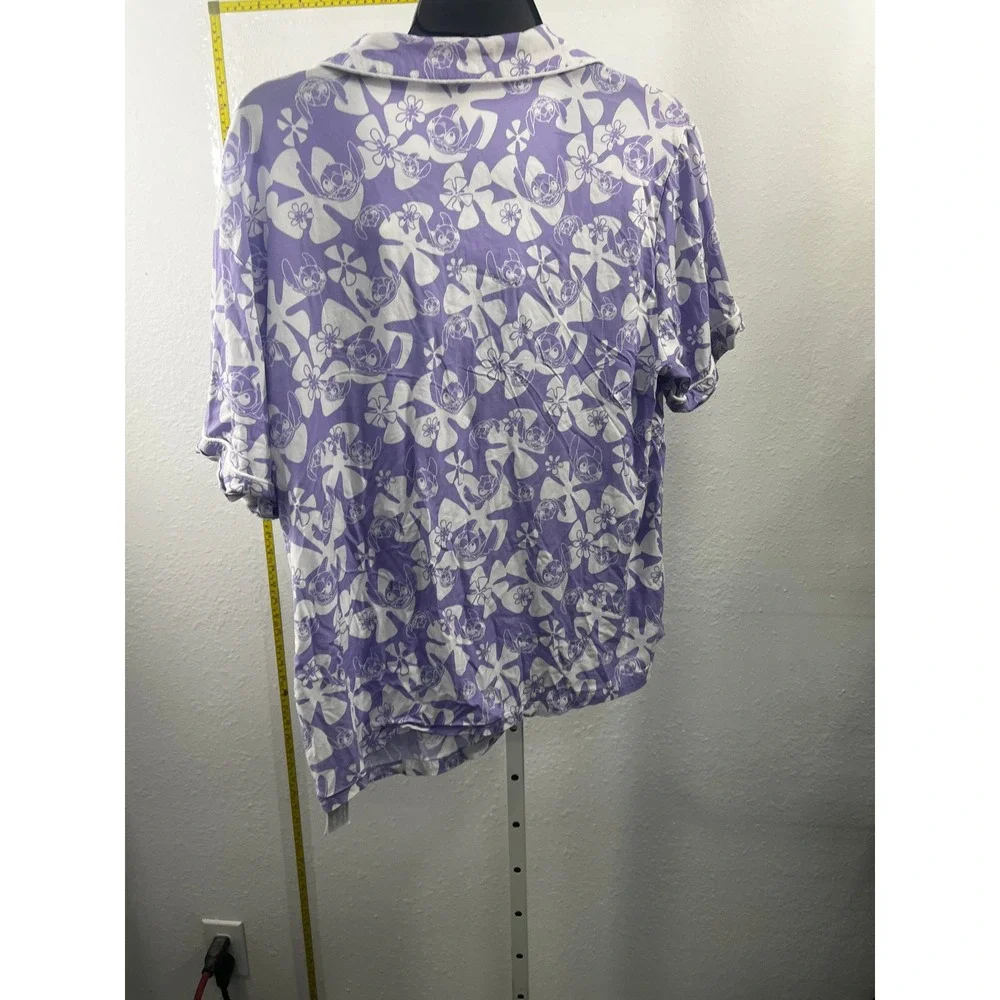 Disney Lilo & Stitch Pajama Set Purple White Floral Hibiscus Shorts Shirt Medium - Picture 2 of 3